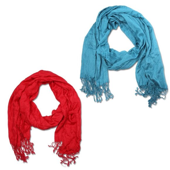 Pashmina Style Scarf with Tassels Lightweight - Set of 2 Red & Blue - Picture 2 of 2